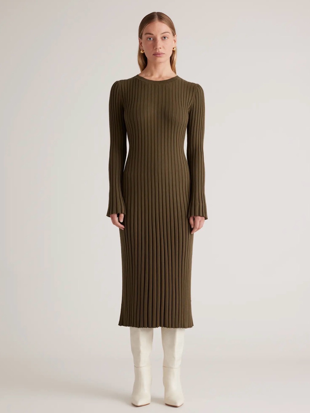 Quince Olive Ribbed Cotton Cashmere Long-Sleeve Midi Dress -Nwt